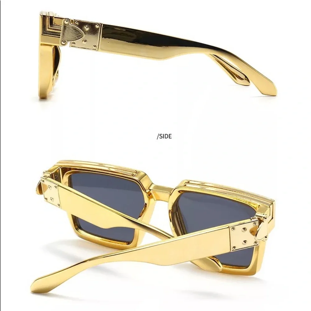 Metallic Enamel Gold Luxury Brand Designer Square Sunglasses Men